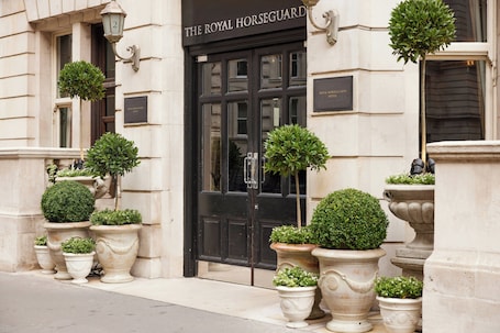 A building entrance with a black door, potted plants, and a sign that reads 'The Royal Horseguard Hotel.'